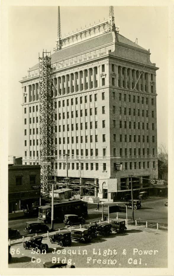 Image description: A historic 11-story high-rise building located in downtown Fresno, California, known as the San Joaquin Light and Power Corporation Building. The building stands tall at 52.8 meters (173 feet). It was completed in 1923 for the San Joaquin Light and Power Corporation, which later evolved into the Pacific Gas and Electric Company. The chief designer responsible for its creation was Raymond R. Shaw from the R.F. Felchlin Company.</p>
<p>The architectural structure is an iconic landmark of the city, ranking as the fourth tallest building in Fresno. Over the years, the building has undergone changes, and it now houses two event spaces—one on the first floor and another on the 10th floor. The building's rich history and enduring presence make it a significant part of Fresno's skyline